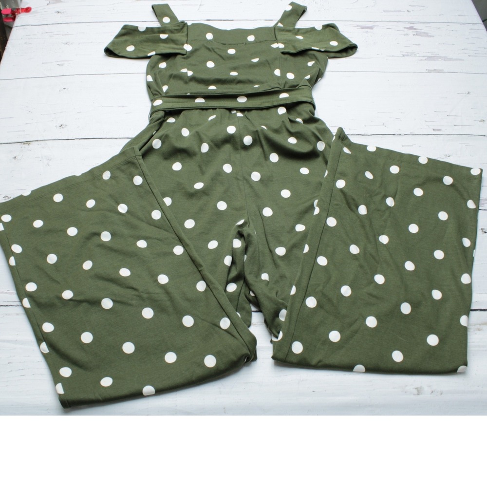New York & Company Polka Dot Cotton Jumpsuit Green L Romper - Picture 3 of 10